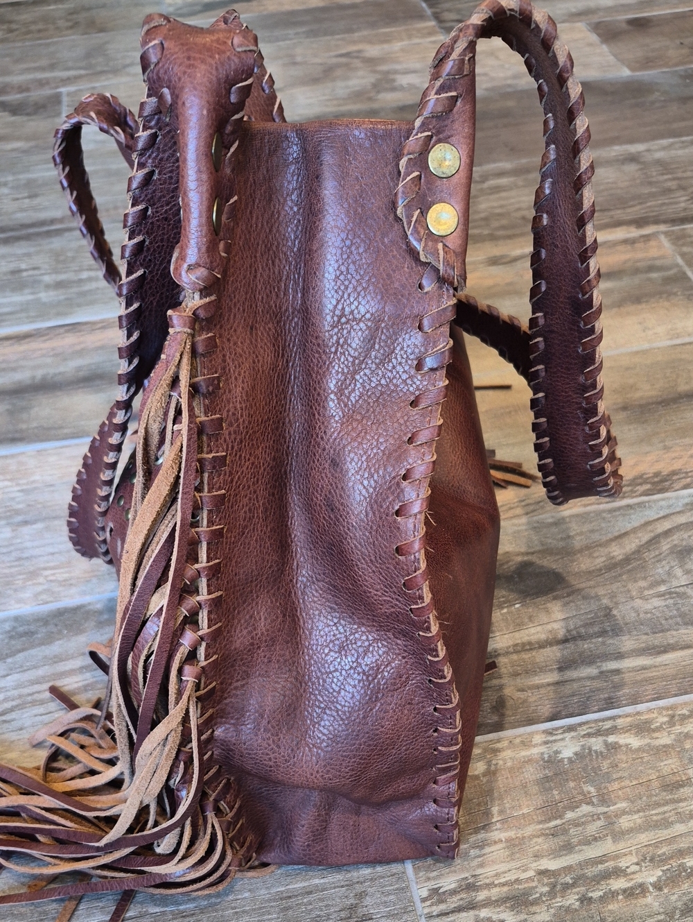 Raj Anthropologie Dark Brown Fringe Studded Whipstitch Leather Shoulder Bag - Picture 8 of 15